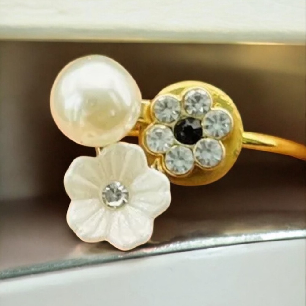 Gold Flower Faux Pearl Ring Adjustable Band Delicate Modern Playful Handmade - Picture 3 of 4